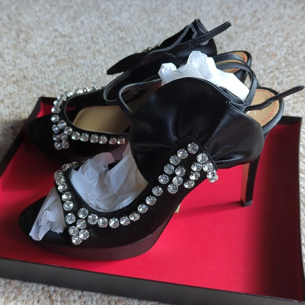 Pour la Victoria Glada Black Satin Heels with Rhinestone Detailing